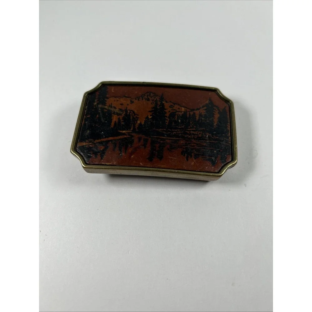 Vintage Solid Brass Leather Mountain Landscape‎ Belt Buckle Made USA